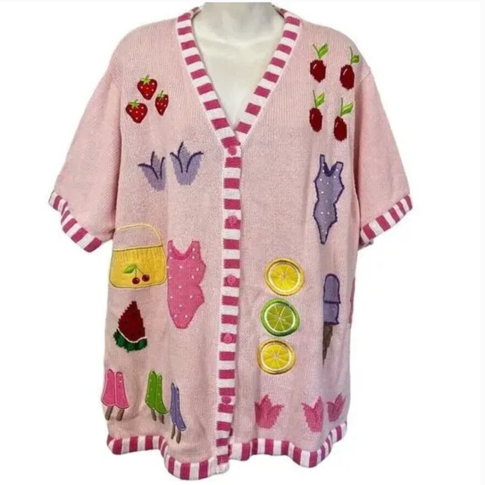 The Quacker Factory Womens Pink Cardigan Ice Cream Sweater Embroidered Size 1X